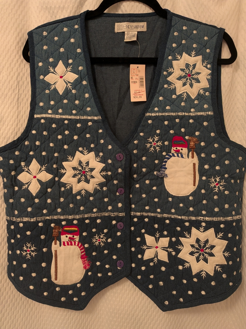 Vtg 90s Chrysantheme Quilted Christmas Vest Snowman Snowflake NWT Large